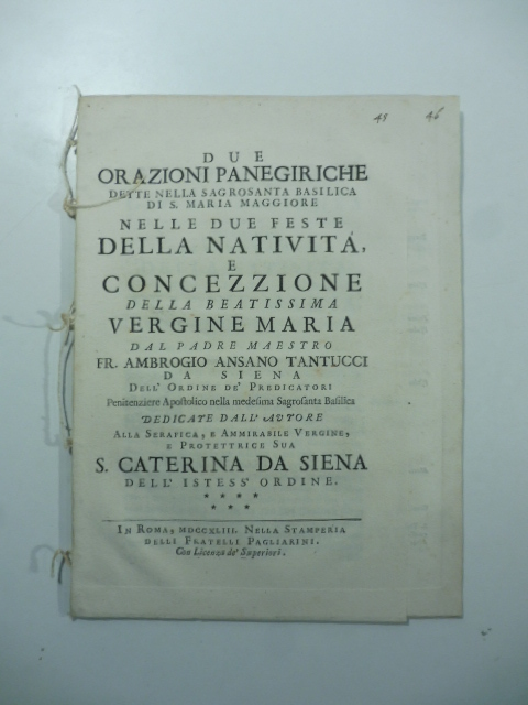 Due orazioni panegiriche dette nella Sagrosanta Basilica di S. Maria Maggiore nelle due feste della natività e concezione della beatissima Vergine Maria